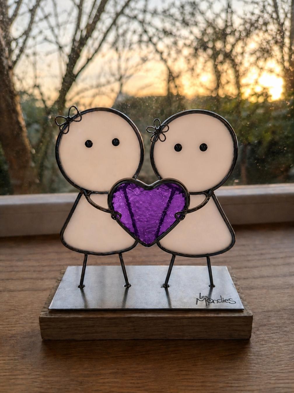 Duo cœur violet - Sculpture artisanale en vitrail Tiffany.